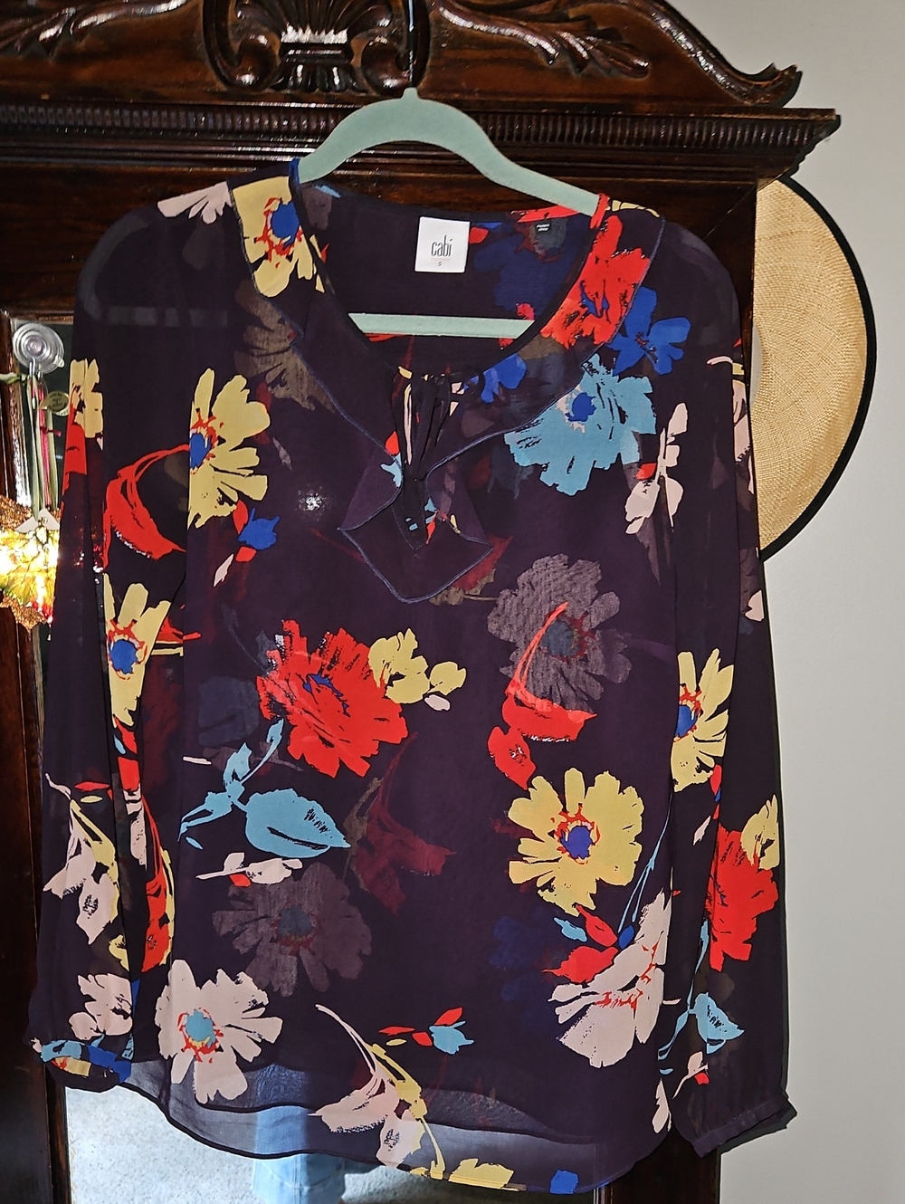 CAbi Navy Floral Tie-Neck Blouse with Red, Yellow & Blue Blooms, #3859